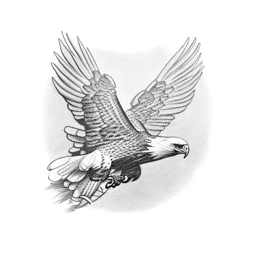 Life like tattoo of eagle flying with US Flag and M-16 tattoo design idea