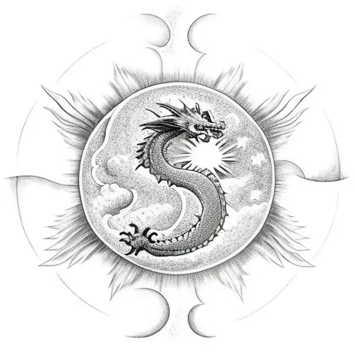 Dragon with sun and moon and cloud tattoo design idea