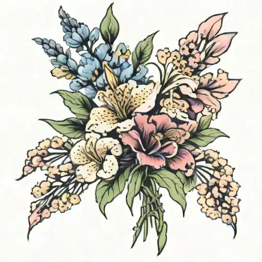 Bouquet Of Flowers With Carnation , Iris , Cherry Blossom, Sweet Pea , Honeysuckle And Marigold tattoo design idea