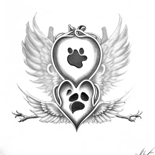 heart with paw print ,baby foot and wings tattoo design idea