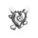 heart with dog paw print ,baby foot and wings tattoo design idea