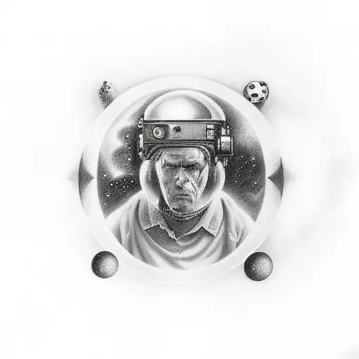 A realistic portrait of a famous video game character surrounded by celestial bodies tattoo design idea