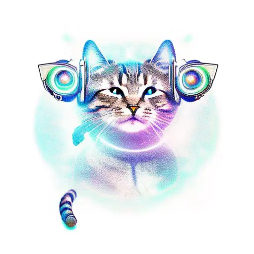 A cosmic cat playing a futuristic electric guitar tattoo design idea