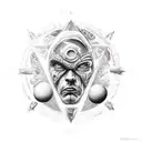 A realistic portrait of a famous video game character surrounded by celestial bodies tattoo design idea