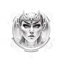 A realistic portrait of a famous video game character surrounded by celestial bodies tattoo design idea