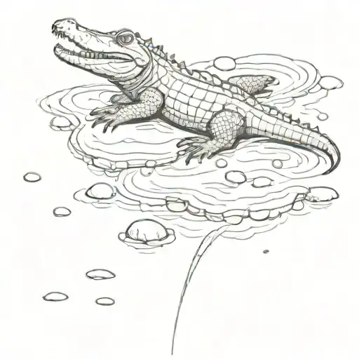 Alligator coming in and out of water and beside it is pebbles looking like it’s skipping stones tattoo design idea