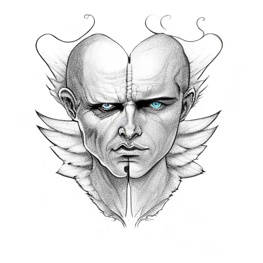 good and evil split inside a person. the person is has wings and its strong and confident tattoo design idea