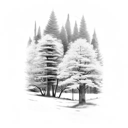A black and grey tattoo of a forest scene with a hiking trail winding through it tattoo design idea