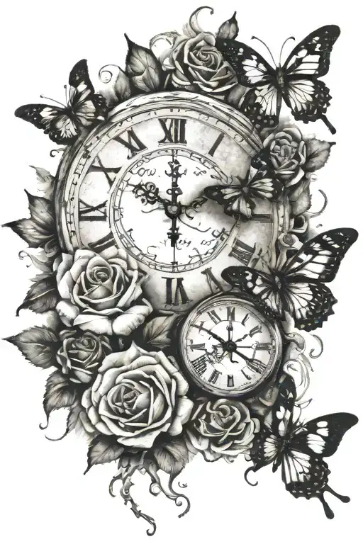 butterflies witha broken clock face and roses tattoo design idea