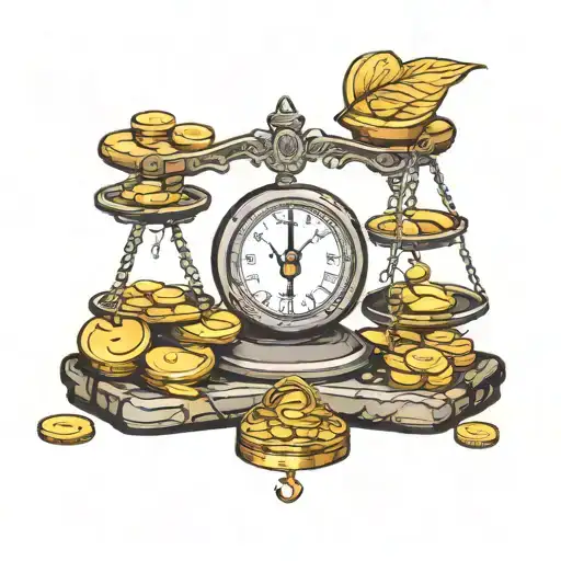 You have been weighed. You have been measured. You have been found wanting. Set of scales with a stack of coins.  tattoo design idea