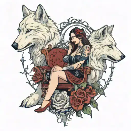 a girl sits on a throne made of thorns, surrounded by red roses and two white wolves tattoo design idea