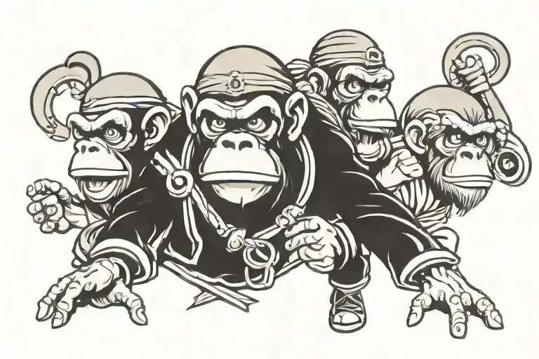 Three wise monkeys new school. One pirate. one Ninja. one God tattoo design idea