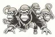 Three wise monkeys new school. One pirate. one Ninja. one God tattoo design idea