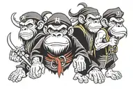 Three wise monkeys new school. One pirate. one Ninja. one God tattoo design idea