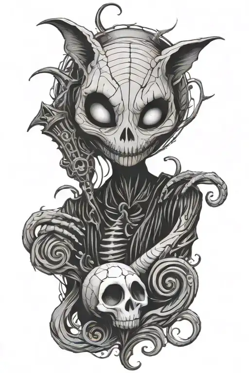 A GOTHIC SLEEVE with AN ALIEN, nightmare before Christmas AND THE CHESIRE CAT tattoo design idea