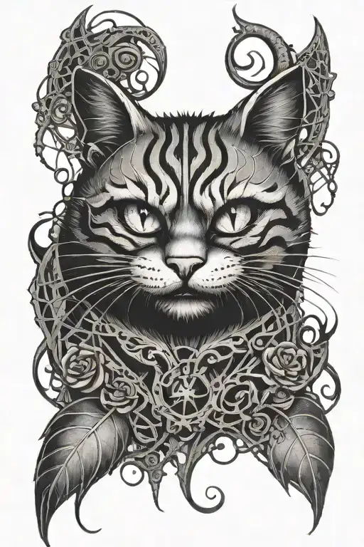 gothic Cheshire Cat face surrounded by spider webs  tattoo design idea