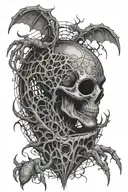 gothic alien with spider webs surrounding tree of knowledge tattoo design idea