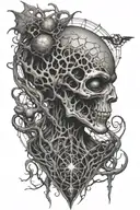 gothic alien with spider webs surrounding tree of knowledge tattoo design idea