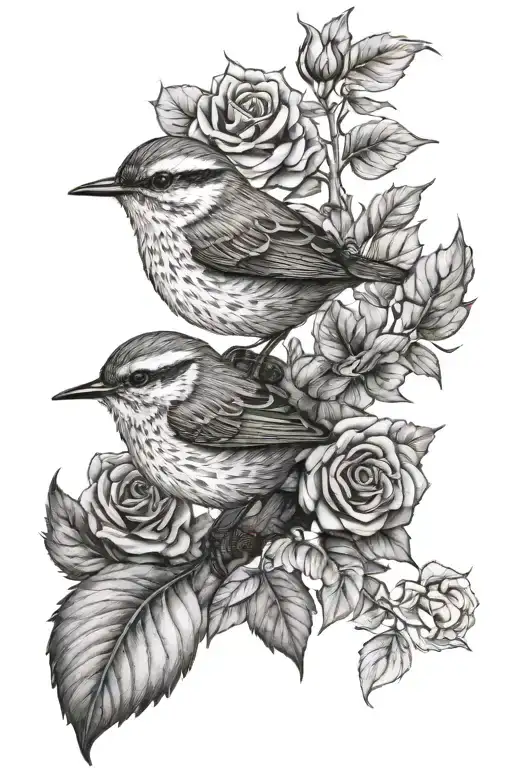 realistic pair of wrens within oak leaves and roses black and white  tattoo design idea