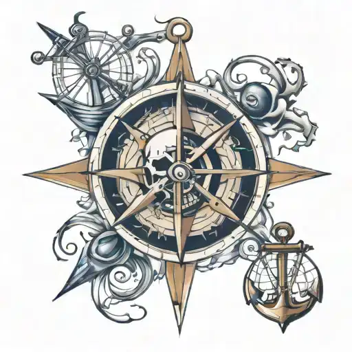 a tattoo with a compass, a sailboat, an anchor, a skull, the sign Gemini tattoo design idea