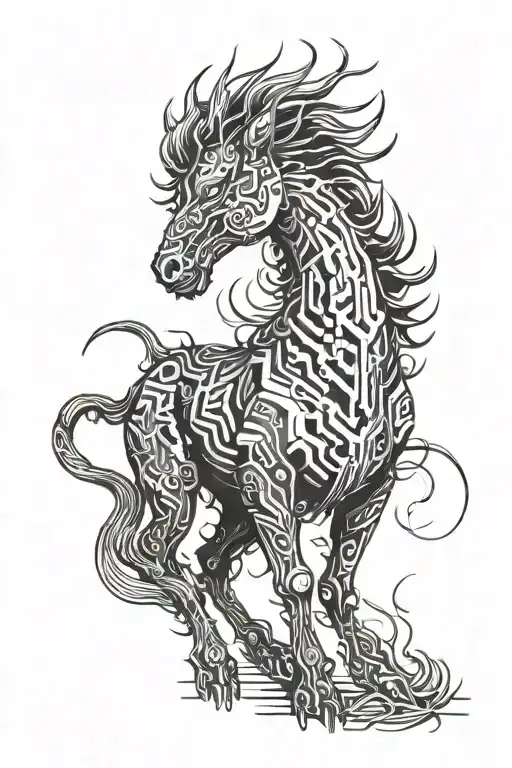 A cyberpunk-inspired kirin with intricate circuit patterns running through its body tattoo design idea