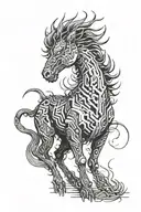 A cyberpunk-inspired kirin with intricate circuit patterns running through its body tattoo design idea