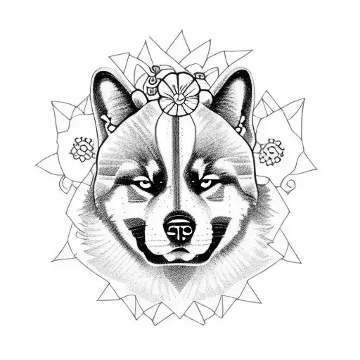 akita inu with flowers tattoo design idea