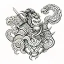 design a sleeve tattoo of the monkey king holding a medical staff with a chinese style dragon, tiger, and tiangou dog be tattoo design idea