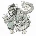 design a sleeve tattoo of the monkey king holding a medical staff with a chinese style dragon, tiger, and tiangou dog be tattoo design idea