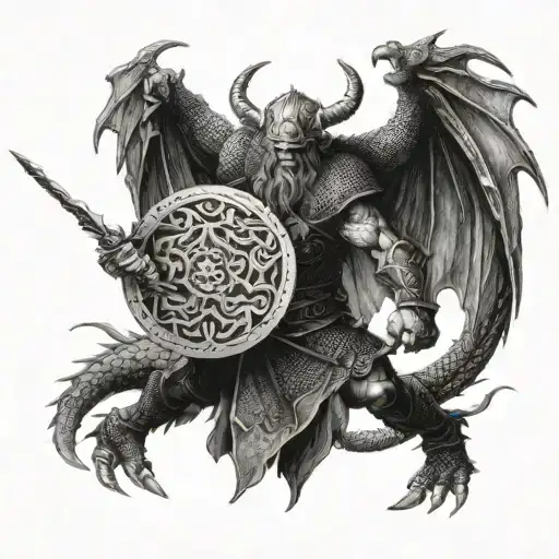 A fierce Viking warrior battling a dragon, with intricate dotwork detailing tattoo design idea