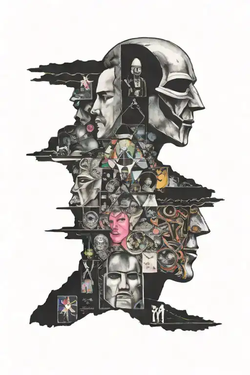 Pink Floyd albums cover "The Wall" and "The Dark Side of the Moon" and "Division Bell" psychedelic but no face only icon tattoo design idea