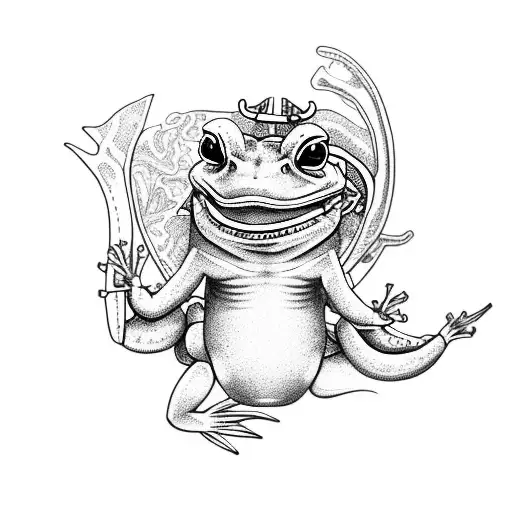 Samurai Frog Riding an axolotl like a horse tattoo design idea