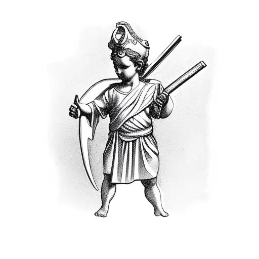 cupid with greek robe holding a glock and a backwood tattoo design idea