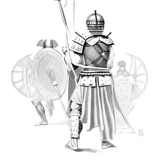 a Roman legionary with a spear in his hand. A sketch for a tattoo. Black and white. tattoo design idea