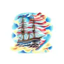 Battleship clipper-ship with sexy tattooed mermaid sailors on both sides with American flags and an anchor on the bottom tattoo design idea