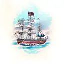 Battleship clipper-ship with sexy tattooed mermaid sailors on both sides with American flags and an anchor on the bottom tattoo design idea