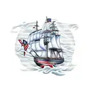 Battleship clipper-ship with sexy tattooed mermaid sailors on both sides with American flags and an anchor on the bottom tattoo design idea