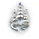 Battleship clipper-ship with sexy tattooed mermaid sailors on both sides with American flags and an anchor on the bottom tattoo design idea