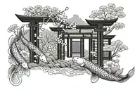 Mouri kamon, torii gate, koi fish, blossom tattoo design idea