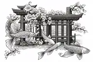 Mouri kamon, torii gate, koi fish, blossom tattoo design idea