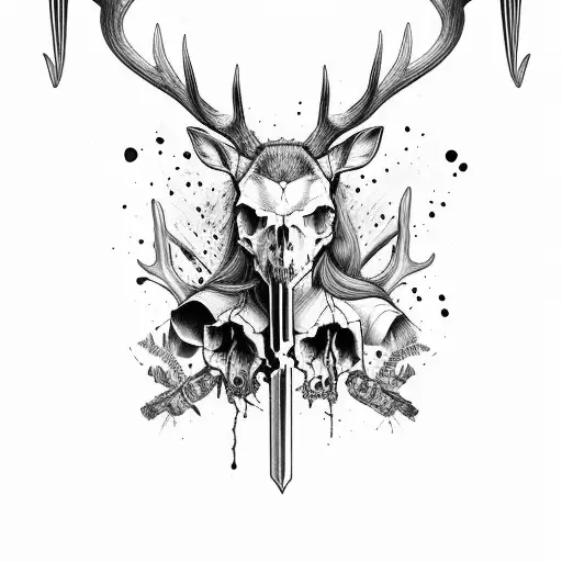 viking woman wearing deer skull with bloody mouth tattoo design idea