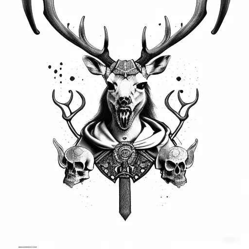 viking woman wearing deer skull with bloody mouth tattoo design idea