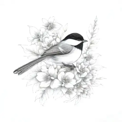 chickadee with flowers tattoo design idea