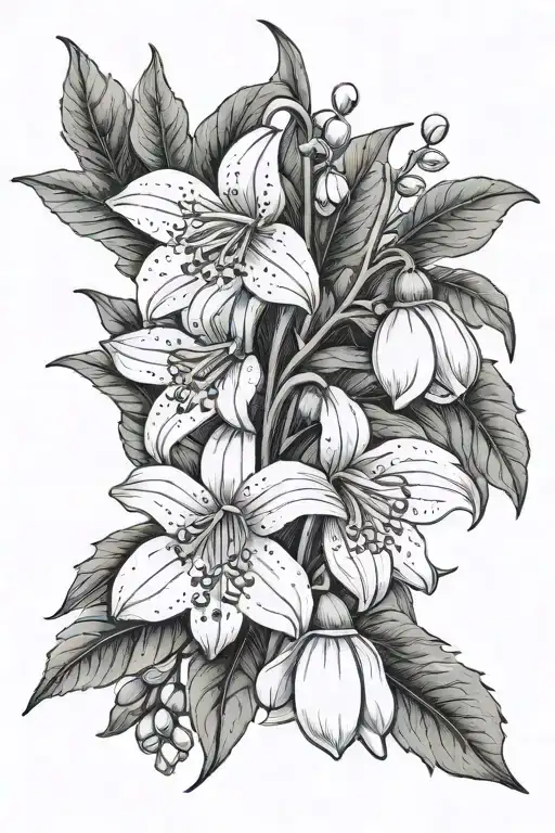 snowdrop flower, violet flower, lily of the valley, larkspur, holly  tattoo design idea