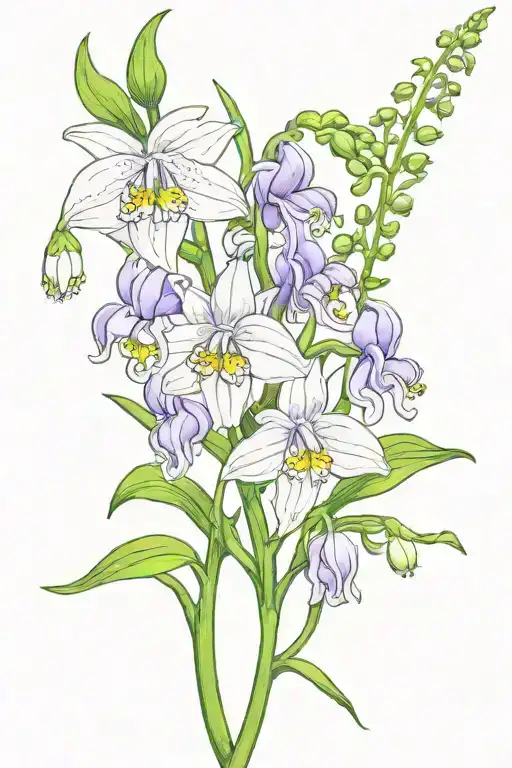 snowdrop flower, violet flower, lily of the valley, larkspur, holly intertwined tattoo design idea