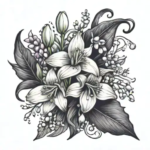 snowdrop flower, violet flower, lily of the valley, larkspur, holly intertwined tattoo design idea