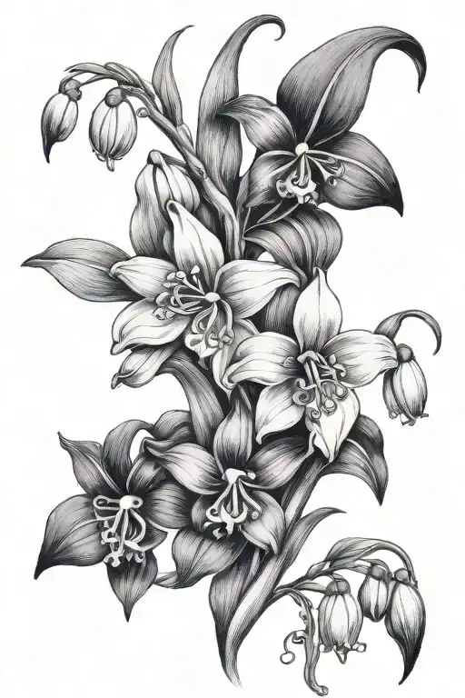 snowdrop flower, violet flower, lily of the valley, larkspur, holly intertwined tattoo design idea