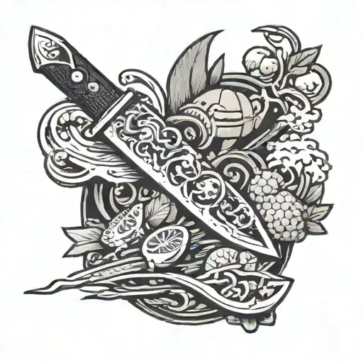 knife with various food items depicted on its blade in anime style tattoo design idea