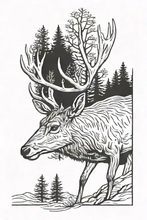 trees with a mule deer head profile holding tattoo design idea