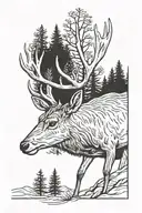 trees with a mule deer head profile holding tattoo design idea